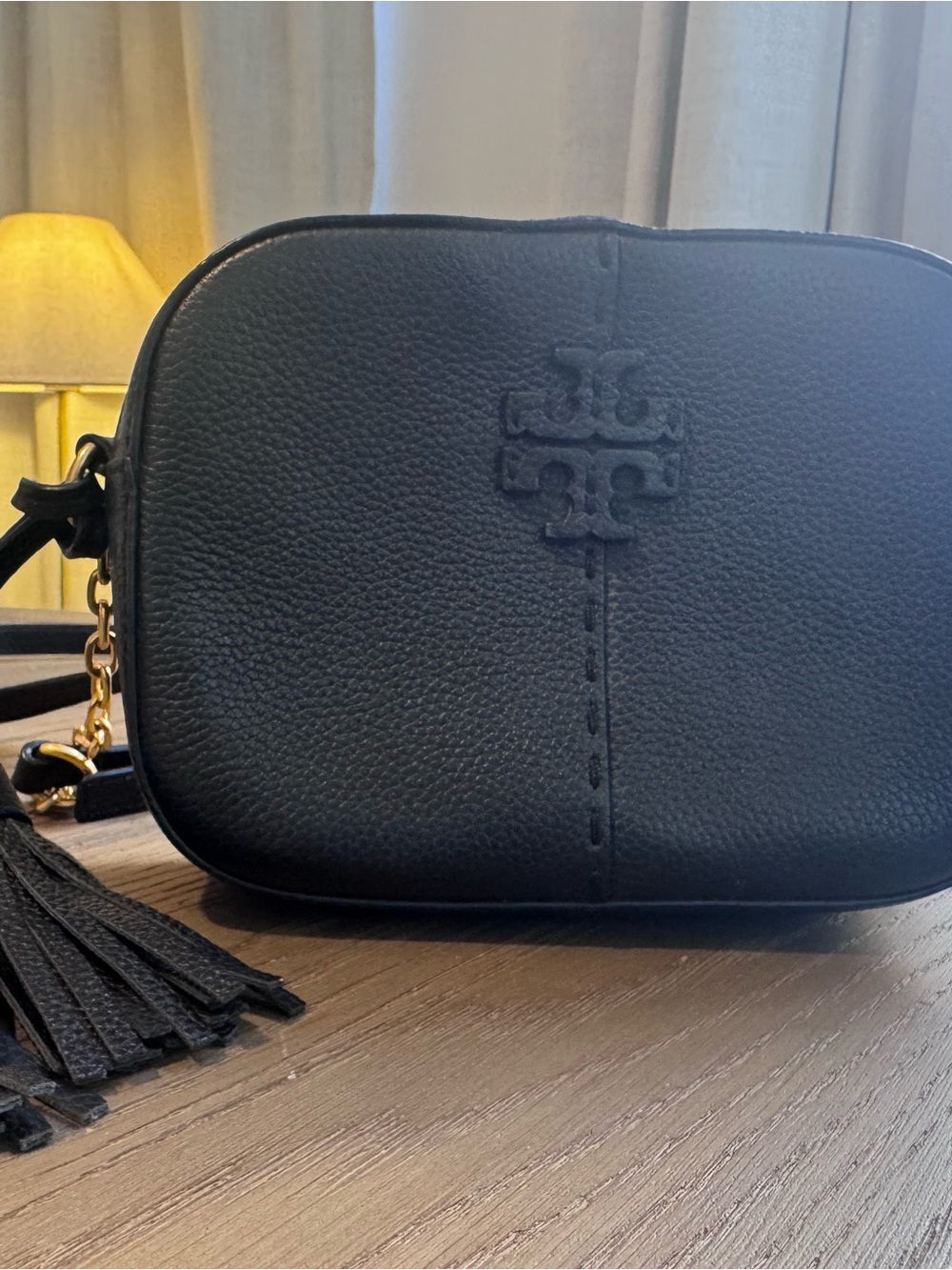 Tory Burch McGraw Black Pebbled Leather Tassel Camera Crossbody Bag - Picture 6 of 6